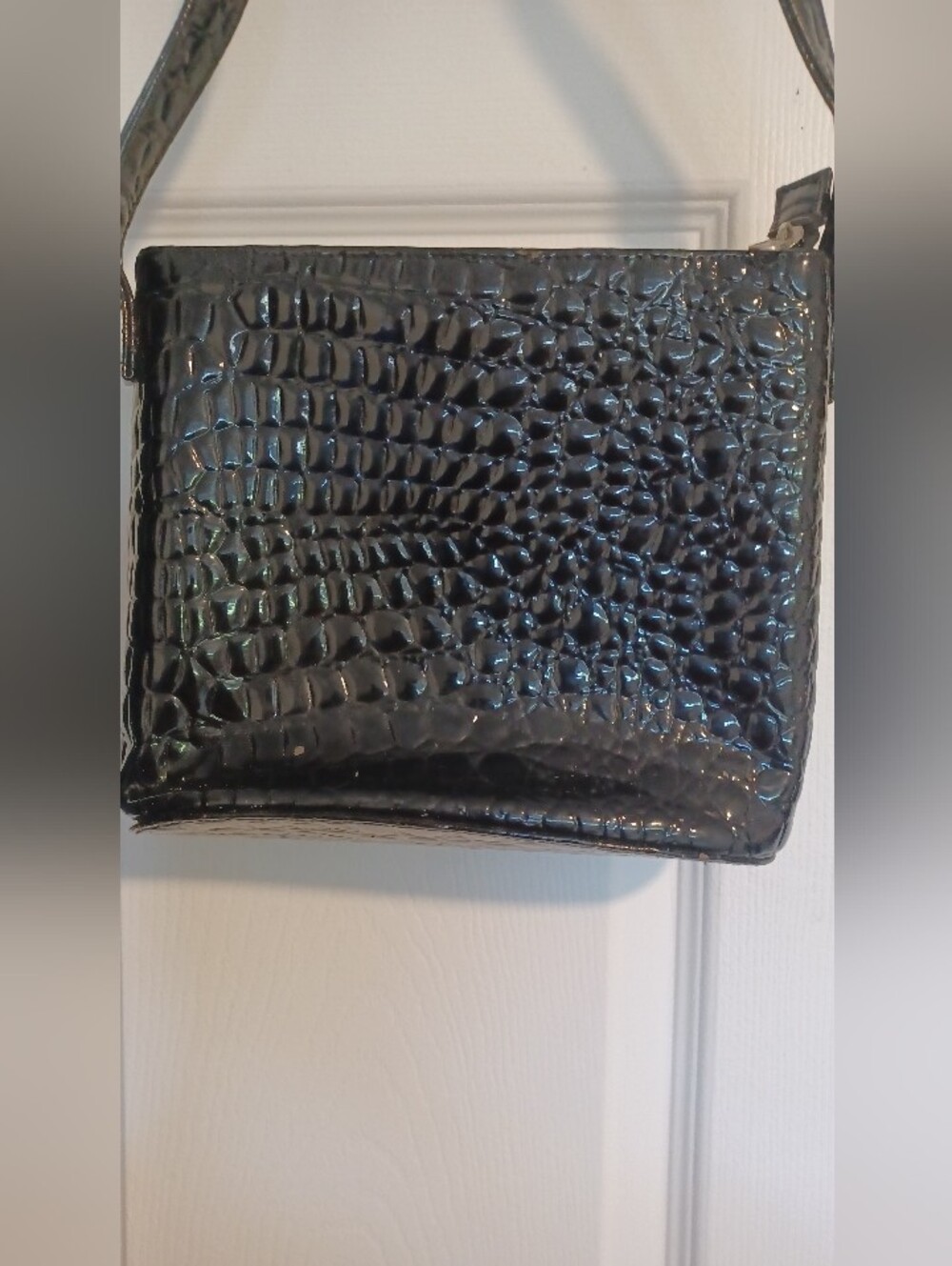 Black Croc-Embossed Patent Crossbody Bag